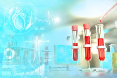 Bilimsel klinikte test tüpleri - lökosit veya anemi için kan örneği analizi, yaratıcı kaplamalı tıbbi 3D illüstrasyon