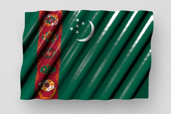 nice shining flag of Turkmenistan with big folds lying flat isolated on grey - any celebration flag 3d illustration