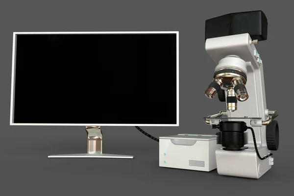 白色专业显微镜 立方体 空显示屏 摄影逼真的三维医学图解 带有虚构设计 医学发现理念 — 图库照片