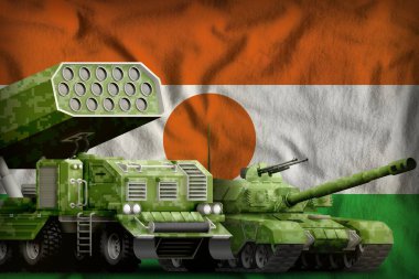 Tank ve roket topçuları Nijer bayrağında yaz pikseli kamuflajlı. Nijer ağır zırhlı araçlar konsepti. 3d Görüntü