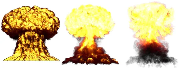3つの非常に詳細な異なる相キノコ雲爆発白色に隔離された煙と火で水素爆弾の爆発 爆発の3Dイラスト — ストック写真