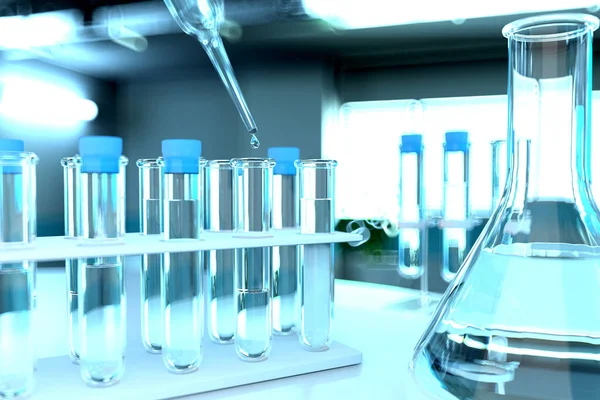 Virüsler için içme suyu kalite testi (covid-2019 gibi) konsepti - modern mikrobiyoloji araştırma ofisinde laboratuvar test tüpleri, tıbbi 3D illüstrasyon