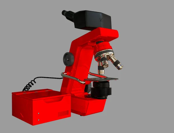 Vörös Elektronikus Mikroszkóp Rendszer Blokk Fiktív Design Elszigetelt Szürke Fotorealisztikus — Stock Fotó