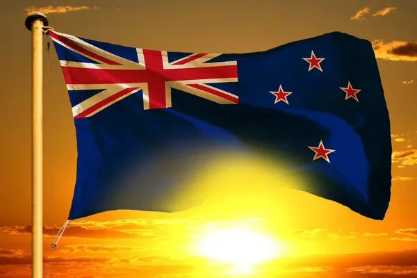 Bandera Nueva Zelanda Tejiendo Sobre Hermoso Fondo Naranja Del Atardecer — Foto de Stock