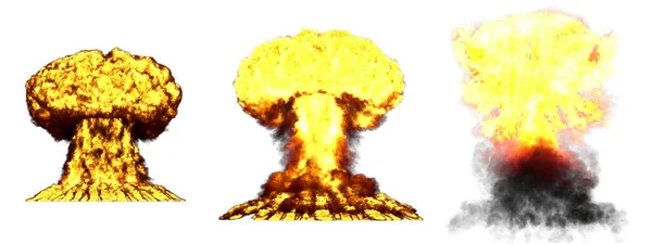超炸弹3个非常详细的不同阶段的蘑菇云雾爆炸 在白色三维爆炸图解中与烟雾和火焰隔离 — 图库照片