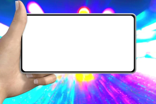 Концепція Tech Рука Смартфоном Твердим Білим Прозорим Екраном Фоні Неонових — стокове фото