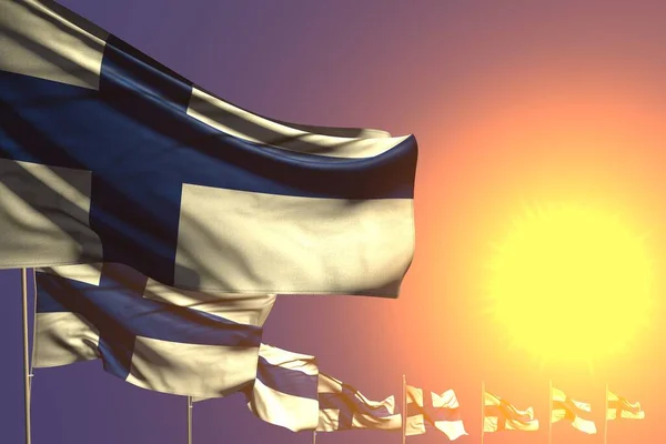 Niedlich Viele Finnland Flaggen Diagonal Sonnenuntergang Mit Platz Für Text — Stockfoto