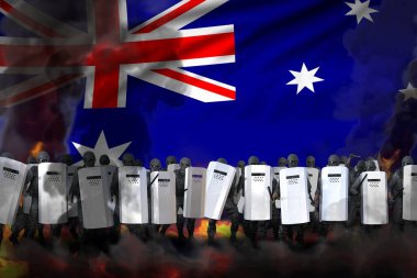 Avustralya savaş kavramını protesto etti, polis memurları ağır duman ve yangında barışçıl insanları kargaşadan korudu - bayraklı arka planda askeri görüntü