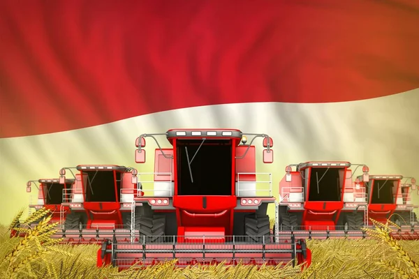 Illustration Industrielle Grand Nombre Agriculteurs Rouges Combinent Les Récolteuses Sur — Photo