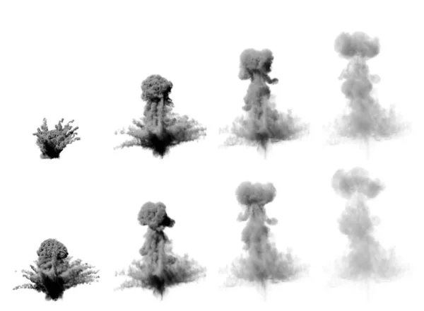 大きな空気爆弾の爆発の多くの画像 白い背景に隔離された重い煙の密なキノコ雲 オブジェクトの3Dイラスト — ストック写真