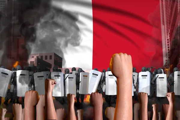 Protest Malta Police Officers Stand Angry Crowd Flag Background Mutiny — Stock Photo, Image