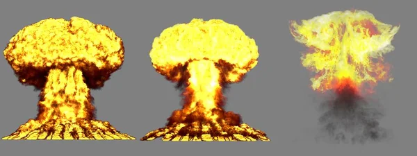 3个大 不同相的超级炸弹蘑菇云雾爆炸 灰度三维爆炸图例 — 图库照片