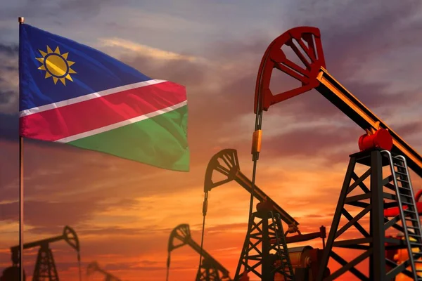 ナミビアの石油産業の概念 工業用イラスト ナミビアの国旗と石油の井戸と赤と青の夕日または日の出の空の背景 3Dイラスト — ストック写真