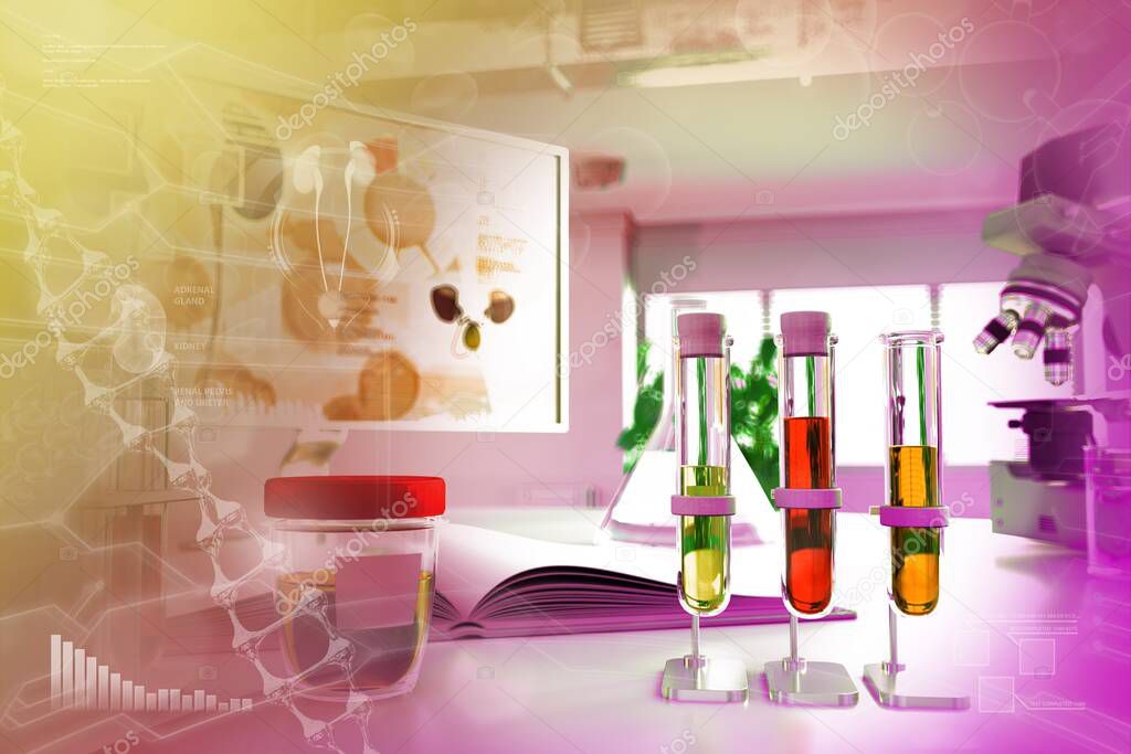 proofs in modern chemistry college facility - urine quality test for doping or kidney disease, medical 3D illustration