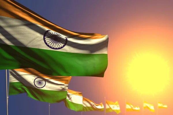 许多印度国旗在日落时被放置成对角线 有选择性的焦点和内容位置 任何宴会旗3D插图 — 图库照片