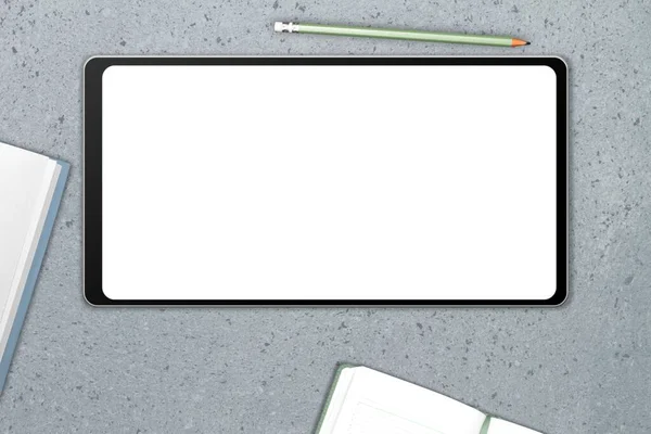 真の写真から構成されるハイテク概念 石のテーブルの背景に白い空の画面を持つタブレットPc — ストック写真