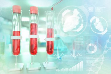 Tıbbi 3D illüstrasyon, araştırma ofisinde kanıt şişeleri - beyaz kan hücreleri için kan analizi veya yaratıcı kaplamalı kolesterol