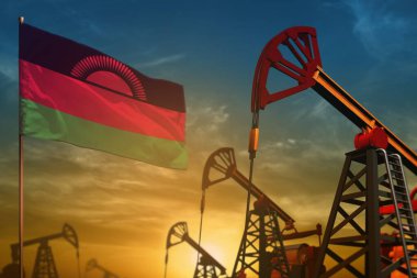 Malavi petrol endüstrisi konsepti, endüstriyel illüstrasyon. Mavi ve sarı günbatımı arka planında dalgalanan Malavi bayrağı ve petrol kuyuları - 3 boyutlu illüstrasyon