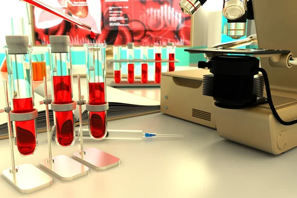 Medizinische Illustration Reagenzgläser Ampullen Universitätsgebäude Blutgentest Auf Virus Wie Covid — Stockfoto