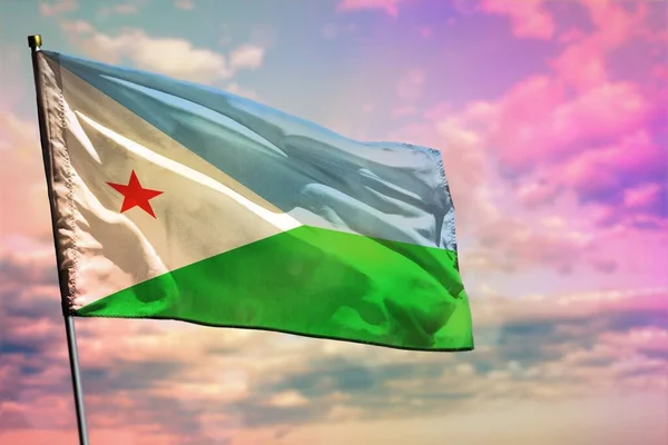 Fluttering Σημαία Τζιμπουτί Πολύχρωμο Θολό Φόντο Του Ουρανού Έννοια Ευημερίας — Φωτογραφία Αρχείου