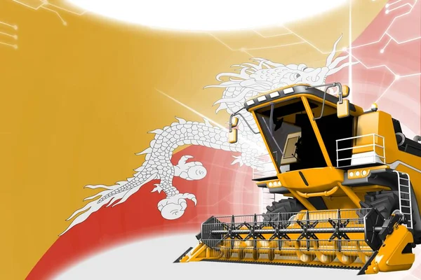 Agriculture innovation concept, yellow advanced rye combine harvester on Bhutan flag - digital industrial 3D illustration