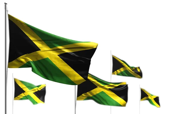 Pretty Five Flags Jamaica Waving Isolated White Picture Soft Focus — Stock Photo, Image
