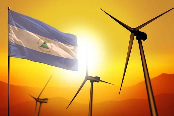 Nicaragua Szélenergia Alternatív Energiakörnyezet Koncepció Turbinákkal Zászló Naplementén Alternatív Megújuló — Stock Fotó