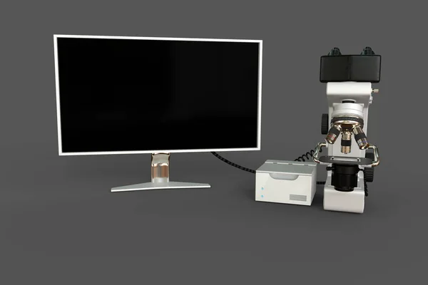 白色实验显微镜 控制块 空屏风隔离 摄影逼真三维物体图解及虚拟设计 医学研究构想 — 图库照片