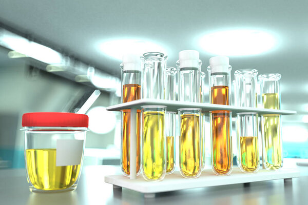 Анализ мочи на нитрит или почечную болезнь - лабораторные пробирки в современном офисе загрязнения, медицинская 3D иллюстрация
