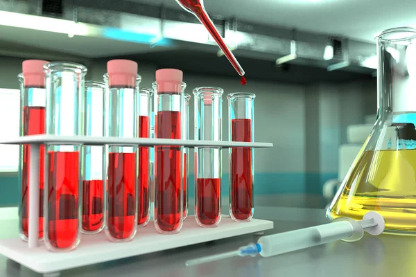 医学3Dイラスト 大学施設内の実験室試験管バイアル ウイルスの血液サンプル分析 例えばコロナウイルス ボケ効果と概念 — ストック写真