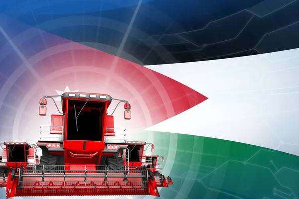 Farm machinery modernisation concept, red modern farm combine harvesters on Jordan flag - digital industrial 3D illustration