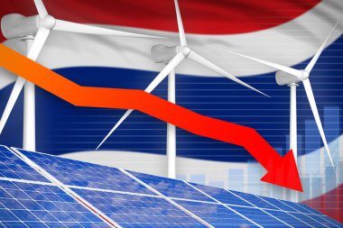 Tayland güneş enerjisi ve rüzgar enerjisi düşürme grafiği, ok aşağı - çevresel enerji endüstriyel illüstrasyonu. 3B Görüntü
