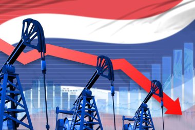 Tayland petrol endüstrisi konsepti, endüstriyel illüstrasyon - Tayland bayrağı arka planında düşme, düşme grafiği. 3B Görüntü