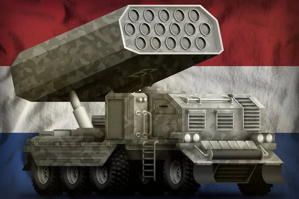 火箭炮 发射导弹灰色伪装在荷兰国旗背景 3D说明 — 图库照片