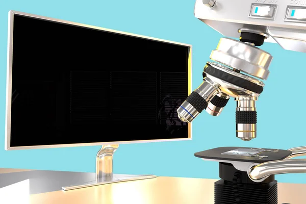 Mpx高解析度显微镜和显示器的虚拟设计分离蓝医学3D图解 医学发现概念 — 图库照片