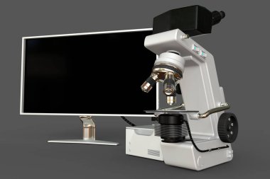Beyaz bilimsel mikroskop, kontrol bloğu ve boş monitör izole edilmiş, hayali tasarım ile gerçekçi tıbbi 3D illüstrasyon, klinik keşif konsepti