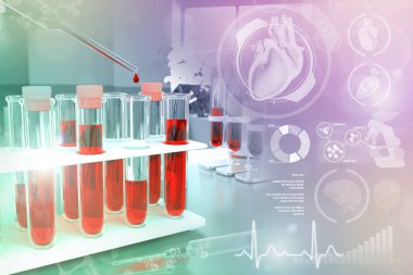 Biyoloji ofisindeki test tüpleri - klorür veya kolesterol için kan örneği analizi, yaratıcı gradyan kaplamalı tıbbi 3D illüstrasyon