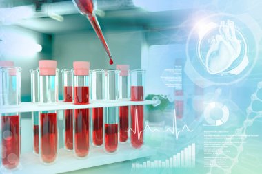 Tıp 3D illüstrasyon, üniversite ofisindeki deney tüpleri şişeleri - kreatinin veya sodyum için kan örneği DNA testi