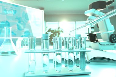 iletkenlik için içilebilir su kalitesi testi - modern bilimsel çalışma kliniğinde laboratuvar test tüpleri, tıbbi 3D illüstrasyon