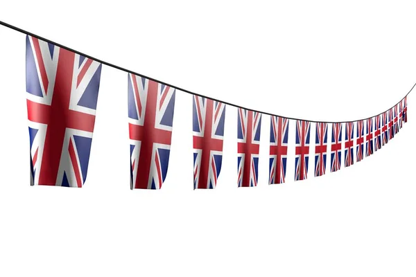 美丽的许多英国国旗或横幅呈对角线 在白色的绳子上有透视效果 任何宴会旗3D插图 — 图库照片