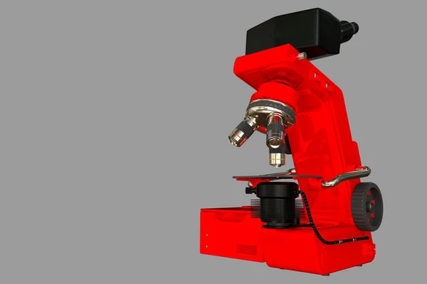 灰色に隔離された架空のデザインの赤い科学顕微鏡とシステムブロック フォトリアリスティック医療3Dイラスト 医薬品研究コンセプト — ストック写真