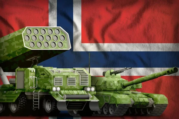 tank and rocket artillery with summer pixel camouflage on the Norway flag background. Norway heavy military armored vehicles concept. 3d Illustration