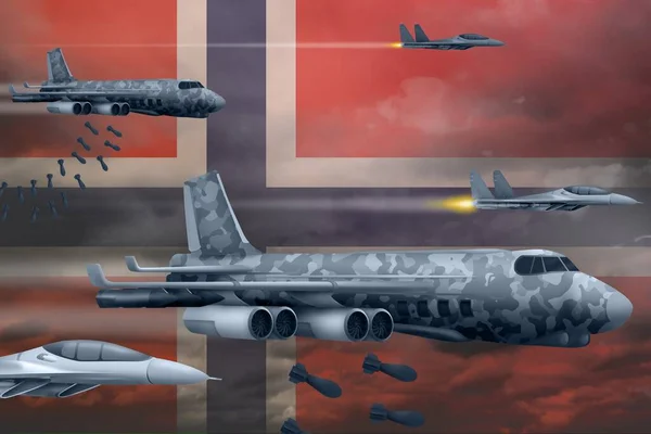 Norwegen Bombardiert Luftangriffe Moderne Norwegische Kampfflugzeuge Bombardieren Vor Flaggenhintergrund Illustration — Stockfoto
