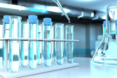 Modern tıp çalışma ofisinde laboratuvar test tüpleri - bakteri konsepti için içilebilir su kalitesi testi, tıbbi 3D illüstrasyon