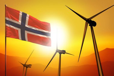 Norveç rüzgar enerjisi, günbatımında türbinler ve bayrak ile alternatif enerji çevre kavramı - alternatif yenilenebilir enerji - endüstriyel illüstrasyon, 3D illüstrasyon