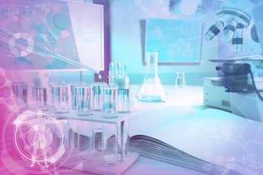 Çevre kirliliği kolej dokusu veya arka planı - ofiste test tüpleri ve mikroskop - kavramsal medikal üç boyutlu illüstrasyon