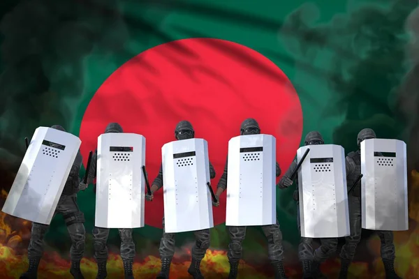 Bangladesh protest stopping concept, police swat in heavy smoke and fire protecting peaceful people against riot - military 3D Illustration on flag background