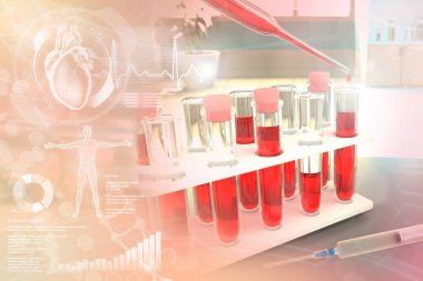 Tıbbi klinikte kanıtlar - bilirubin veya potasyum için kan örneği geni testi, yaratıcı kaplamalı tıbbi 3D illüstrasyon