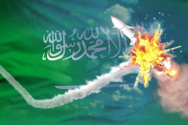 Suudi Arabistan nükleer füzeyi ele geçirdi, modern anti-roket düşman füze konseptini yok etti, askeri endüstriyel illüstrasyon bayraklı