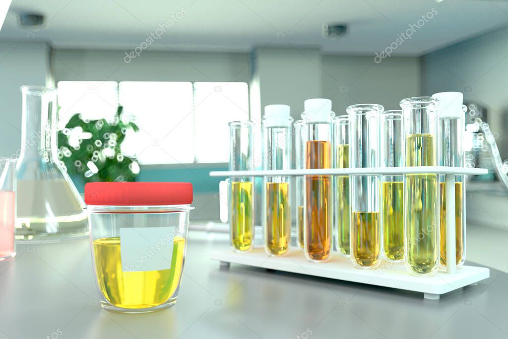 lab proofs in modern chemistry facility - urine quality test for specific gravity or pregnancy, medical 3D illustration